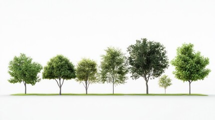 Row of various sized trees against a white background