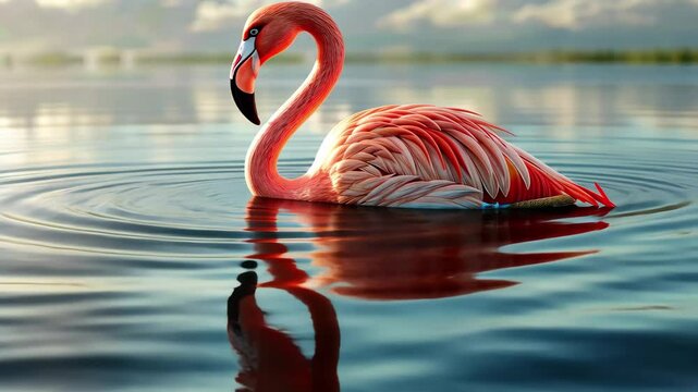 A pink flamingo gracefully wades through calm water under a vibrant sky, creating ripples as it enjoys a tranquil moment in nature during the early morning