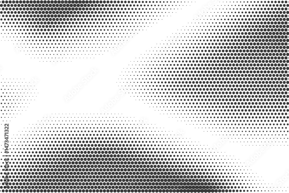 Poster Hexagon pattern background with halftone honeycomb gradient. Abstract textured rays of light and mirror reflection with fade gradation. Simple digital 80s dotted backdrop.
