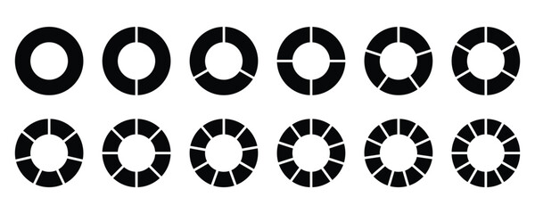 Pie chart divided 1 to 18equal parts. Pie chart circle. Flat process cycle. Progress sectors. Circle division infographic icon set. Infographic wheel segment and fraction. Pizza or donut round diagram
