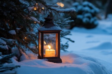 Warm glow of a Christmas lantern beside snowcovered fir branches in the evening, Christmas lantern in snow, fir branch setting, evening serenity, holiday theme
