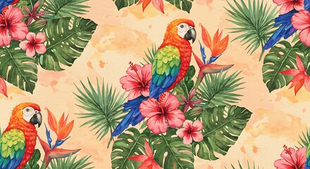 Vibrant Watercolor Macaw & Tropical Blooms: A Lush Seamless Pattern