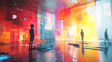 Silhouettes in a futuristic room with vibrant colors and abstract geometric shapes all around them