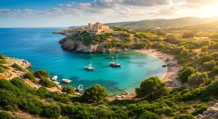 Fototapeta premium Coastal View with Castle and Turquoise Water