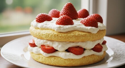 Preparing Delicious Strawberry Shortcake Dessert with Cream on a White Plate