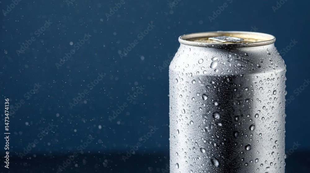 Fototapete sleek tin can covered in water beads catches light against a deep navy backdrop, with scattered drop