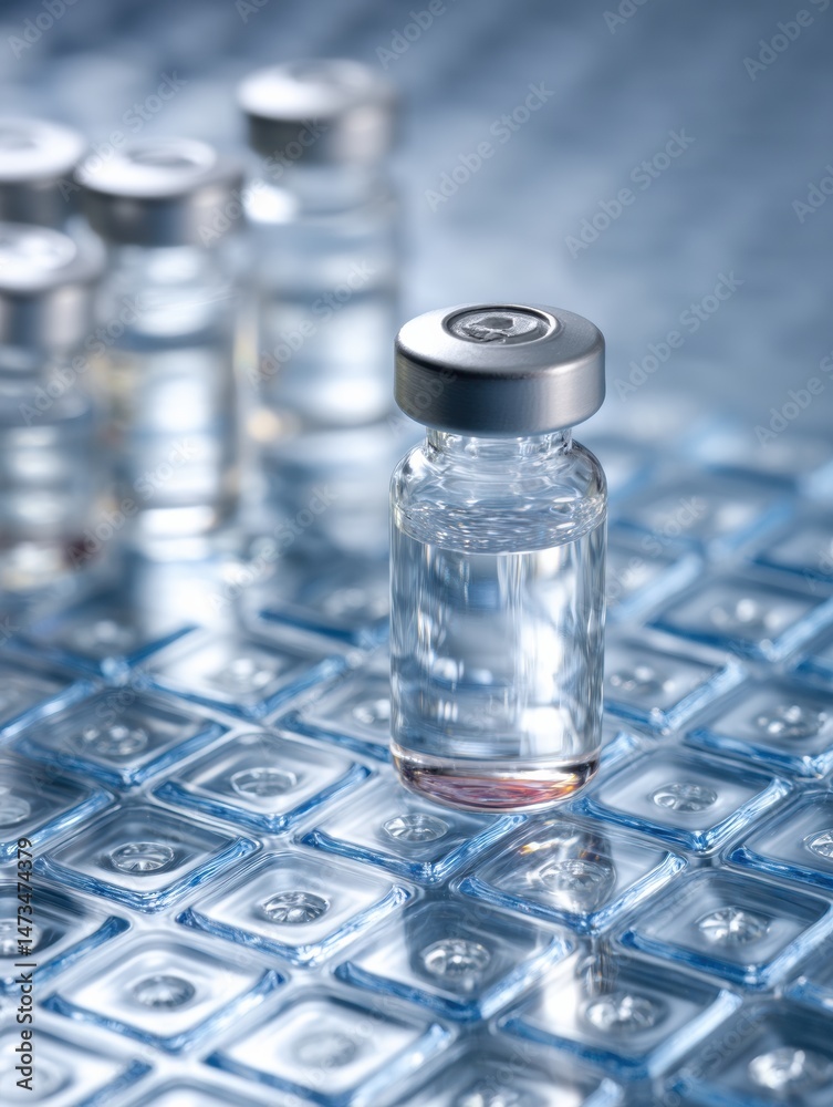 Poster vaccine vial resting on a clean sterile table surface in a clinical setting during a modern health i