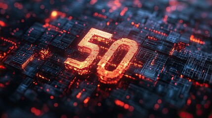 Obraz premium Glowing orange number fifty on a dark circuit board with red lights and intricate digital patterns