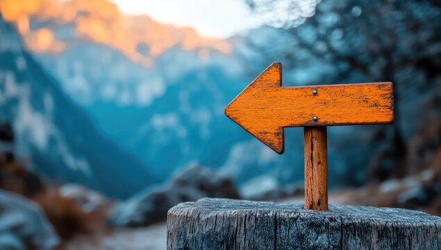 Wooden Arrow Signpoints Path in Mountains