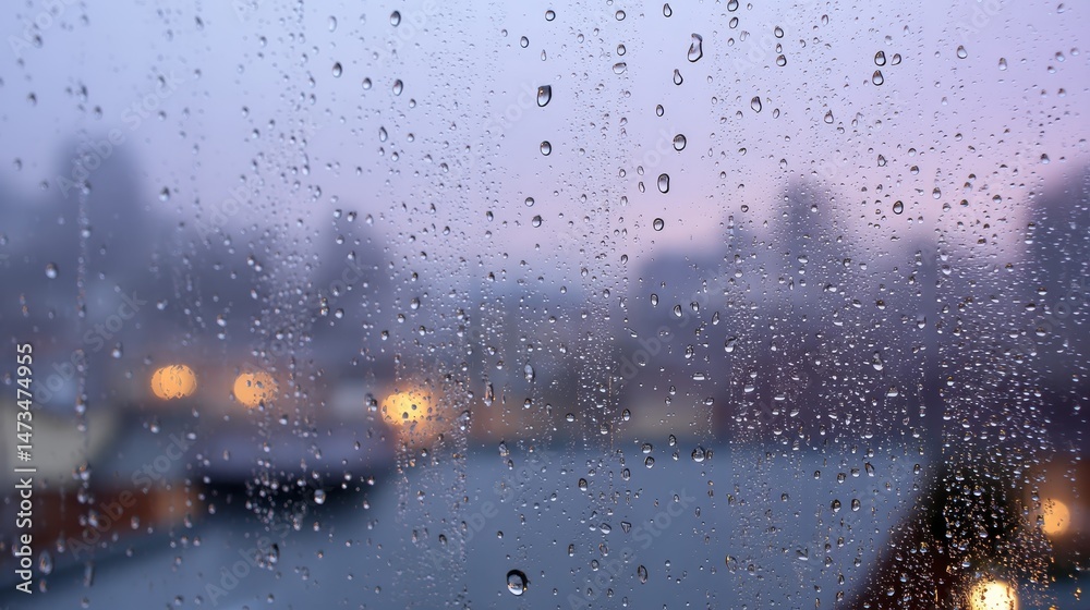 Poster close-up view of raindrops on a frosted glass pane, with a blurred background of misty fields at dus