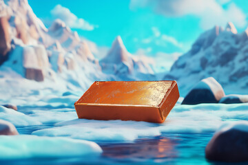 Golden bar on icy landscape amidst towering snowcapped mountains.