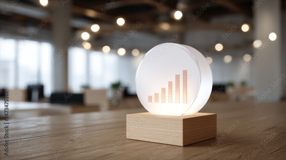Aufkleber close-up shot captures a holographic display showcasing glowing data charts on a polished wooden des