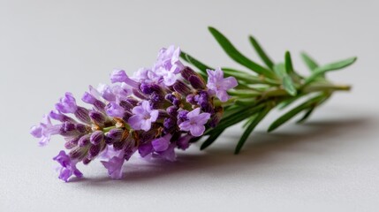 Fototapeta premium A single sprig of lavender reveals tiny buds, juxtaposed against a bright white background, inviting appreciation of its delicate beauty and aromatic charm