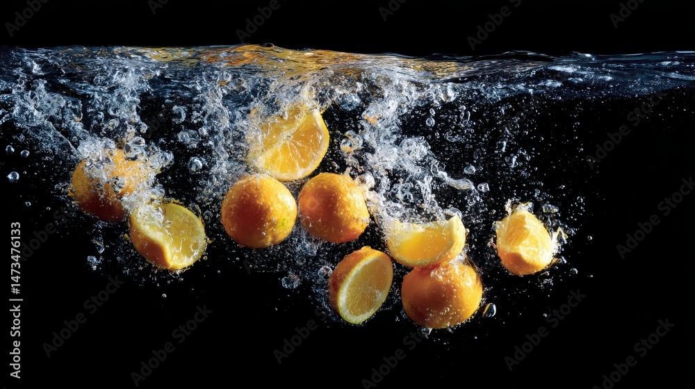 Poster Close-up of sliced oranges soaring through the air, surrounded by glistening water droplets, creating a lively and refreshing citrus burst against a dark backdrop