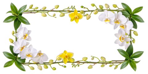 Rectangular floral frame with white and yellow orchids, green leaves, and flower buds isolated on transparent background.