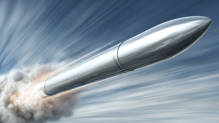 Hypersonic missile in high-speed flight, captured with dynamic motion blur. Symbolizes advanced military technology, speed, power, and precision in a sleek, futuristic defense visualization.

