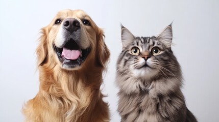 Golden Retriever Dog and Maine Coon Cat Portrait