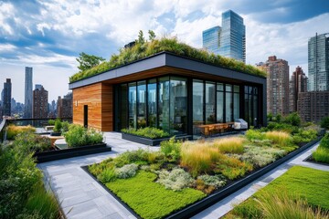 Modern rooftop garden oasis with city views