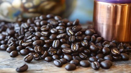 Roasted Coffee Beans Close Up Pile on Wood