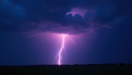 Dramatic bolt of lightning striking a dark, stormy sky at night , thunder, atmospheric