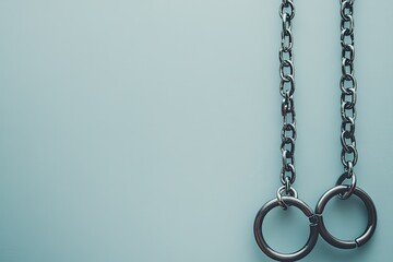 Two metal chains hanging from rings against a light blue background