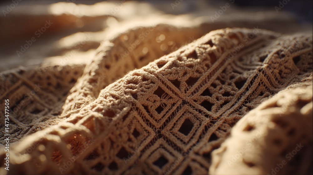 Aufkleber Lace fabric is captured in close-up, highlighting its geometric design and tight weave as soft ambient light accentuates the delicate patterns