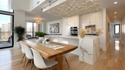 Fototapeta premium Modern open-concept kitchen and dining area with city views, featuring a large island, wood dining table, and white cabinetry