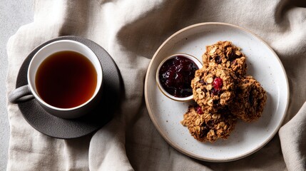 Close-up view of freshly baked oatmeal biscuits topped with blueberry compote, arranged on a ceramic plate, accompanied by a cup of tea on textured linen