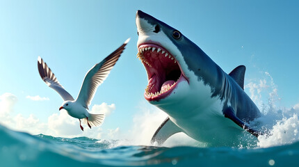 great white shark try to eat a bird