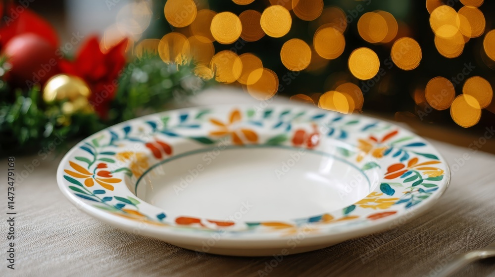 Poster a decorative plate with floral elements is placed elegantly against a shimmering festive backdrop, c