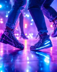 Two pairs of feet in light-up sneakers dance on a brightly lit dance floor