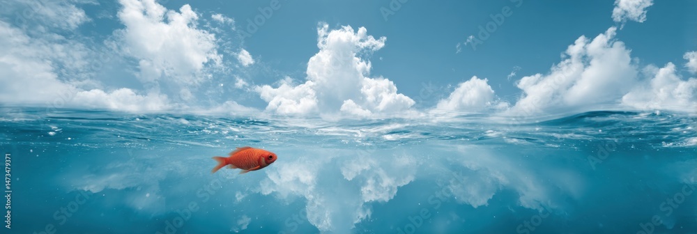 Poster floating fish gliding through clear ocean water under a vast sky with clouds and reflections in the 