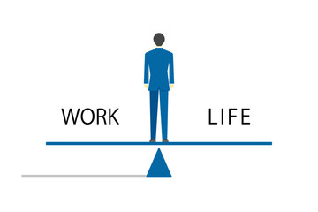 ワークライフバランスをイメージしたシーソーに立つ後ろ姿のビジネスマンのイラスト