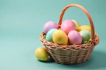 Naklejka premium Vibrant pastel-colored Easter eggs in a basket, showcasing a variety of hues , spring, vibrant