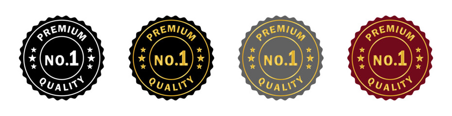 Fototapeta premium Premium quality badge set with No.1 text in black, gold, silver, and red colors. Ideal for labels, branding, packaging, awards, and certification designs. Premium, no 1, quality, icons.