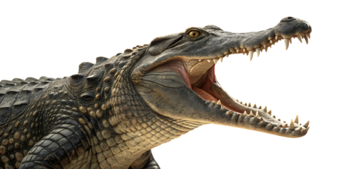 Crocodile with jaws wide open showing sharp teeth, realistic texture and detail, isolated on transparent background, AI Generative