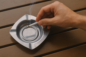 the hand that puts the cigarette butt in the ashtray