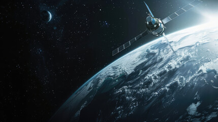 Naklejka premium Satellite orbiting Earth, sunlit, against a dark, starry backdrop