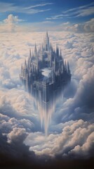 Ethereal Castle Floating in the Sky: Surreal Fantasy Architecture Amidst Clouds