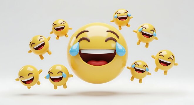 3D laughing emojis with tears of joy floating in the air, cheerful yellow cartoon characters expressing laughter and happiness on a white background, representing humor, fun, and online emotions.

