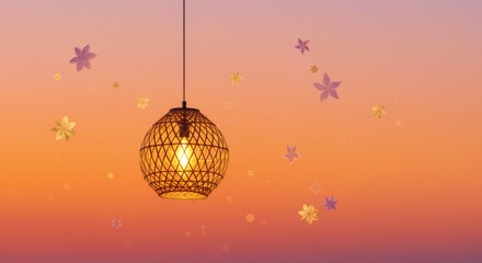 Obraz premium Woven Lamp on orange sky with flowers