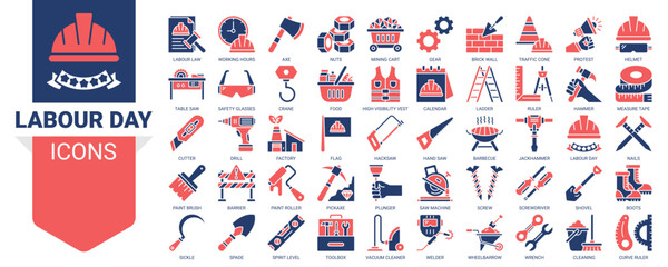 Labour day icon set. Vector illustration concept with icon of labour law, working hours, axe, mining cart , gear, brick wall ,traffic cone, protest and more. Solid color icons vector symbol background
