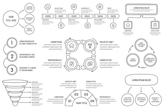 Set of hand drawn infographic templates - circle charts, flow charts, process diagrams, timeline, vector eps10 illustration