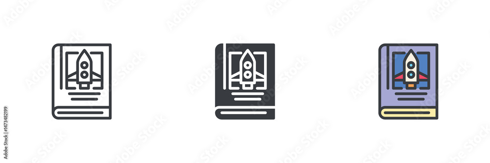 Aufkleber book with a rocket different style icon set