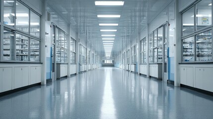 Naklejka premium Empty, sterile laboratory hallway with glass partitions.