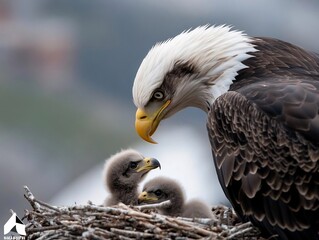 Fototapeta premium Bald eagle family portrait showcasing parental care and nesting behavior