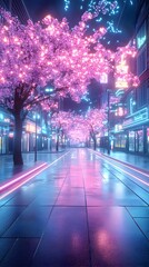 A city street at night with pink cherry blossom trees and neon lights