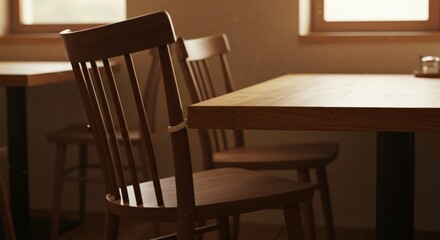 Wooden Chairs and Table in Warm Lit Room with Windows
