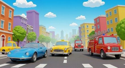 Cartoon Car Parade on City Street