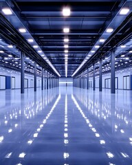 A large, empty industrial space with a polished concrete floor and bright overhead lights